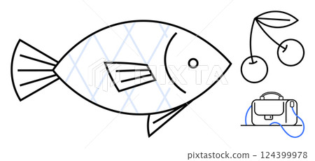 Large stylized fish with scale pattern cherry pair with leaf and stem briefcase with cord. Ideal for nutrition, marine life, agriculture, productivity, work-life balance, simplicity, iconography 124399978