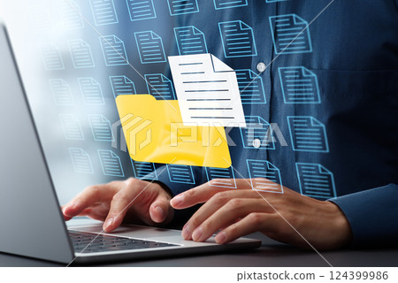 Document Management System DMS and Archive Storage. Folder icon and multiple file icons 124399986