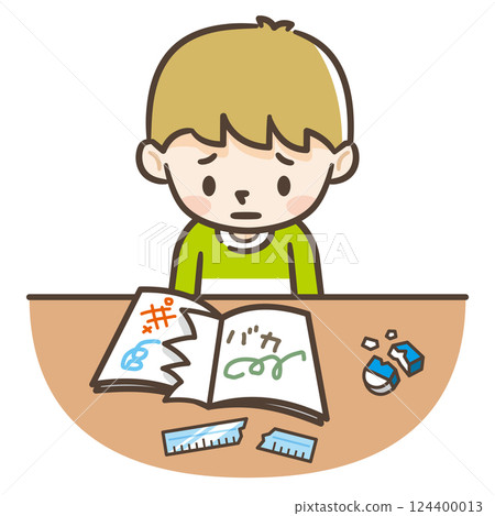 Illustration of a boy being bullied; his notebook is torn and scribbled on 124400013
