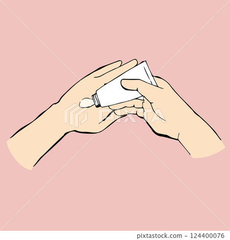Simple line drawing illustration of applying cream to hands_Cream on the back of the hand Simple line drawing illustration of applying cream to hands_Cream on the back of the hand 124400076