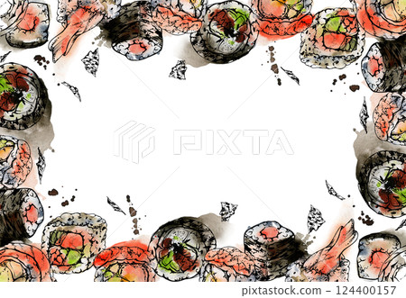 Traditional Japanese food, sushi rolls with raw fish salmon unagi tuna shrimp, california philadelphia alaska, hand drawn in watercolor and ink. Border frame for restaurant, cafe menu, recipe book 124400157