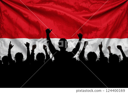indonesia flag waving with silhouette of people with fists up indonesia flag waving with silhouette of people with fists up 124400169