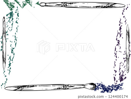 Make-up paint artistic supply bristle sponge brush smudges. Isolated border frame, detailed line vector ink sketch hand drawn. Beauty parlor salon illustration, cosmetics shop, art studio, packaging 124400174
