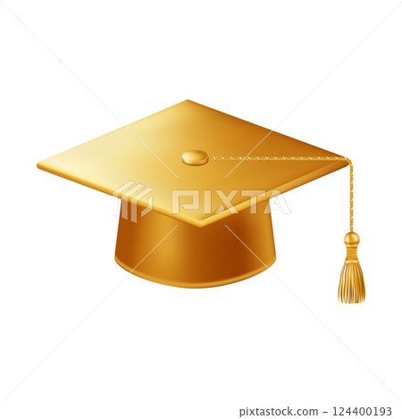 Realistic gold graduate cap. 3D Graduation Doctoral hat. 124400193