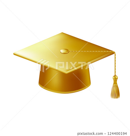 Realistic gold graduate cap. 3D Graduation Doctoral hat. 124400194