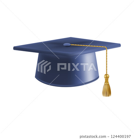 Realistic Blue graduate cap. 3D Graduation Doctoral hat. 124400197