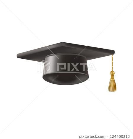 Realistic Black graduate cap. 3D Graduation Doctoral hat. 124400213