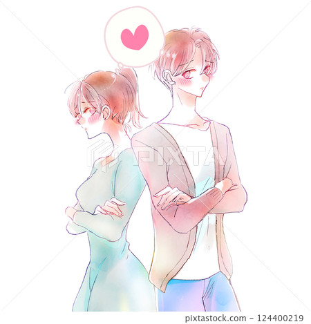 一個男人和一個女人背對背站著，坐立不安，愛 124400219
