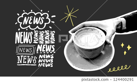 News video cover template. Coffee cup hand, handwritten news lettering on dark background. Moden doodle collage board. Newsletter design. News video cover template. Coffee cup hand, handwritten news lettering on dark background. Moden doodle collage board. Newsletter design. 124400291