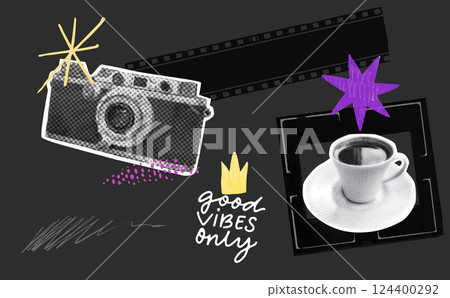 Retro film camera, coffee cup and good vibes only positive quote, grunge halftone moodboard layout. Collage template Retro film camera, coffee cup and good vibes only positive quote, grunge halftone moodboard layout. Collage template 124400292