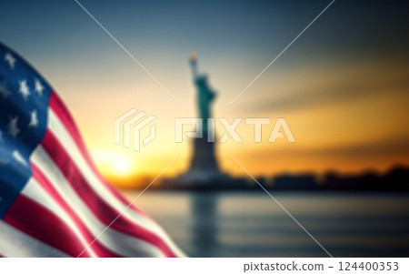 Out of focus flag of the United States of America. Statue of Liberty on blurred background. 124400353