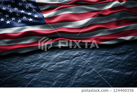Horizontal picture of USA flag against black stone. USA flag day. Copy space 124400356