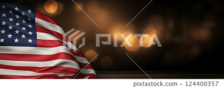 American flag fluttering with blurred lights background bokeh effect. 124400357