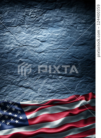 American flag against textured black stone. USA flag day. Copy space 124400359