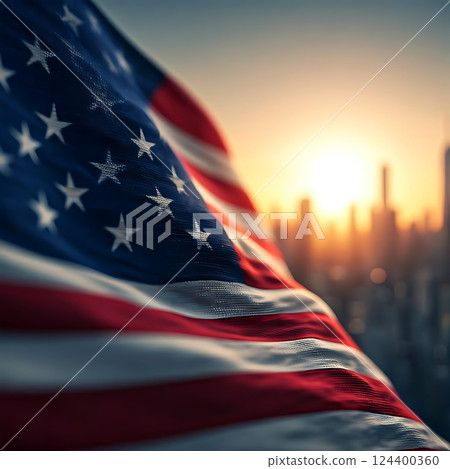 United States flag waving in the breeze against the city at sunset. USA flag day 124400360