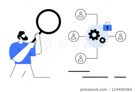 Man holding a magnifying glass, analyzing data connections between team members represented by gears and secure locks. Ideal for teamwork, data analysis, cybersecurity, collaboration, project 124400364