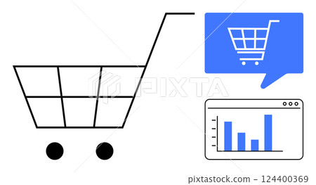 Shopping cart symbol alongside blue speech bubble with e-commerce icon and analytics chart on a webpage. Ideal for online shopping, e-commerce, business strategy, digital marketing, sales analysis 124400369