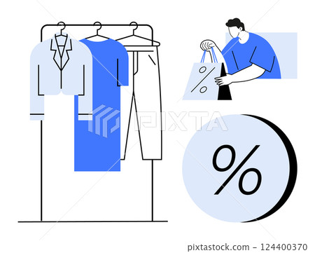 Clothes hanging on a rack, a person holding shopping bags, and a large percentage symbol. Ideal for advertising, e-commerce, retail promotions, seasonal sales, fashion marketing, visual 124400370