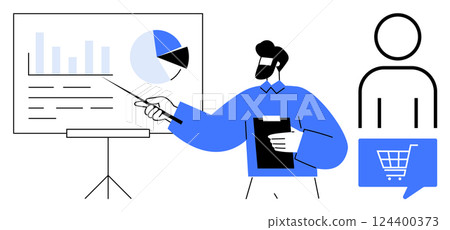 Professional giving a business presentation with charts and graphs on a stand, illustrating data analysis. Ideal for marketing, sales strategies, business training, ecommerce, corporate 124400373