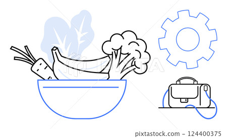 Bowl filled with carrots, bananas, broccoli, and leafy greens. Gear cog symbol and briefcase beside bowl. Ideal for nutrition, healthy eating, work-life balance, productivity, wellness, office Bowl filled with carrots, bananas, broccoli, and leafy greens. Gear cog symbol and briefcase beside bowl. Ideal for nutrition, healthy eating, work-life balance, productivity, wellness, office 124400375
