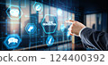 Businessman presses a button on the virtual screen: Lead generation 124400392