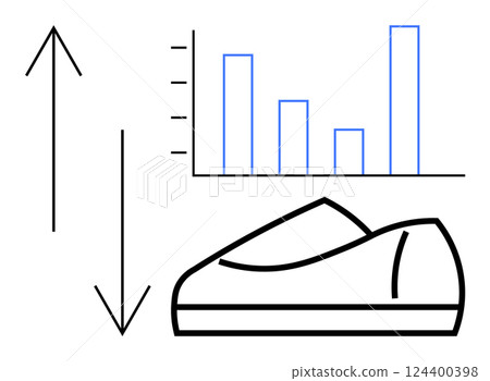 Sneaker icon, bar graph with five bars, upward and downward arrows. Ideal for fitness, sports trends, shoe sales, marketing analysis, business performance, data visualization, activity tracking. Line Sneaker icon, bar graph with five bars, upward and downward arrows. Ideal for fitness, sports trends, shoe sales, marketing analysis, business performance, data visualization, activity tracking. Line 124400398