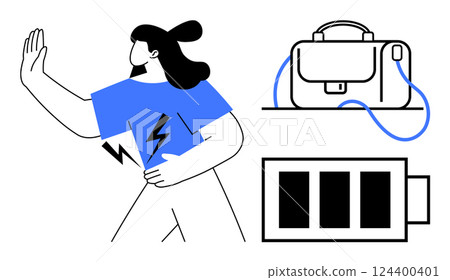 Individual holding chest as if in discomfort, a briefcase with a charging cable, and a low battery icon. Ideal for health awareness, work-life balance, technology overload, energy management, stress 124400401