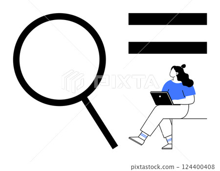 Person sitting with laptop under large magnifying glass and equal sign. Ideal for business analysis, equality, research, education, technology, productivity, diversity themes. Line metaphor 124400408