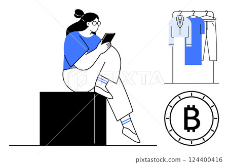Woman seated using smartphone. Clothes hanging on rack. Bitcoin currency symbol emphasizes financial aspect. Ideal for online shopping, cryptocurrency, e-commerce, digital payments, financial 124400416