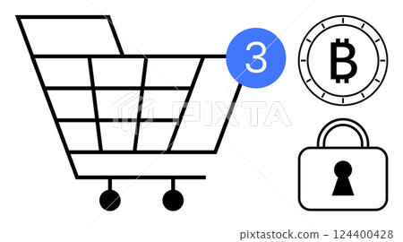 Shopping cart with a notification bubble, Bitcoin symbol, and security lock highlight e-commerce, online purchases, and secure transactions. Ideal for digital wallets, online shopping, cryptocurrency 124400428