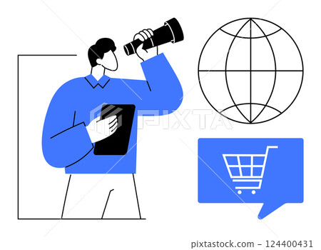 Man holding a tablet while looking through a telescope, globe and shopping cart icon beside him. Ideal for global trade, e-commerce, business strategy, online shopping, market analysis, digital Man holding a tablet while looking through a telescope, globe and shopping cart icon beside him. Ideal for global trade, e-commerce, business strategy, online shopping, market analysis, digital 124400431