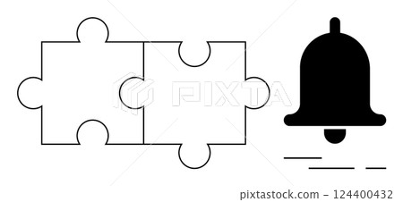 Two interlocking puzzle pieces beside a ringing notification bell, emphasizing connection and alerts. Ideal for collaboration, notifications, problem-solving, teamwork, communication, alerts Two interlocking puzzle pieces beside a ringing notification bell, emphasizing connection and alerts. Ideal for collaboration, notifications, problem-solving, teamwork, communication, alerts 124400432