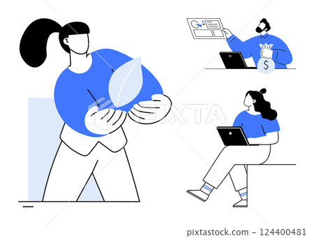 Team members engage in activities like environmental conservation, financial analysis, and remote work. Ideal for teamwork, environmental awareness, financial planning, remote collaboration 124400481