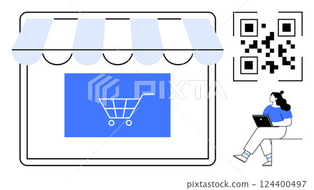 Shopping cart on store window, QR code, and woman with laptop. Ideal for online shopping, e-commerce, digital marketing, mobile payments, retail management, consumer behavior, technology usage. Line Shopping cart on store window, QR code, and woman with laptop. Ideal for online shopping, e-commerce, digital marketing, mobile payments, retail management, consumer behavior, technology usage. Line 124400497