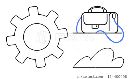 Gear wheel, briefcase, and cloud in minimalist style. Ideal for business concepts, technology connectivity, organization, cloud computing, teamwork innovation, productivity. Line metaphor 124400498