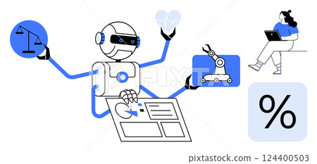 Multi-tasking robot holding symbols of law, health, and machinery while interacting with digital data and a laptop user. Ideal for technology, AI, automation, healthcare, data analysis, legal tech 124400503