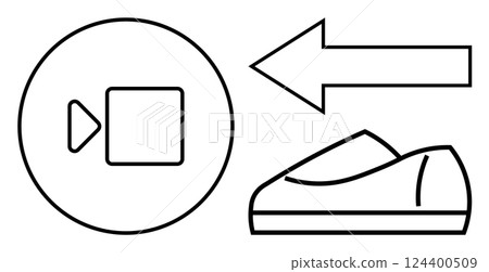 Video play button inside circle, left-facing arrow, and silhouette of a shoe. Ideal for tech guides, navigation, fashion design, e-commerce, instructional content, minimal art, and user interface Video play button inside circle, left-facing arrow, and silhouette of a shoe. Ideal for tech guides, navigation, fashion design, e-commerce, instructional content, minimal art, and user interface 124400509