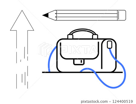 Pencil, briefcase with blue strap, and upward arrow symbolizing professional growth. Ideal for business strategy, career development, educational advancement, productivity tools, office supplies 124400519