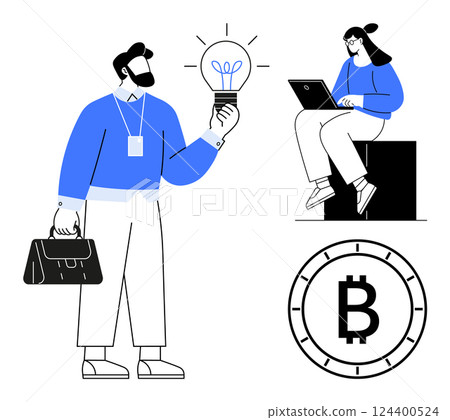 Businessman holding a lit light bulb and briefcase, woman sitting on a block using a laptop, Bitcoin symbol representing cryptocurrency. Ideal for finance, innovation, technology, teamwork 124400524