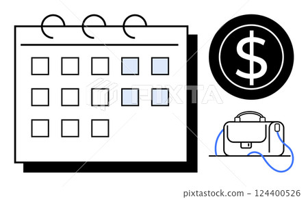 Calendar with highlighted dates, black dollar sign, briefcase. Ideal for project planning, meetings, schedules, finance management, work-life balance, business strategies, deadlines. Line metaphor 124400526