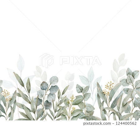 Watercolor hand drawn seamless border with a eucalyptus branches and other branches on a savage green color. 124400562