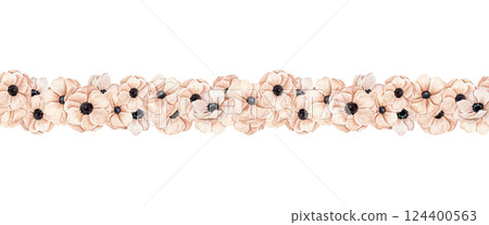 Watercolor hand drawn seamless border with different of peachy pink anemones in blossoming flowers. Watercolor hand drawn seamless border with different of peachy pink anemones in blossoming flowers. 124400563