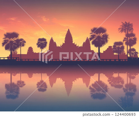Cambodian silhouette background featuring Angkor Wat and palm trees with a warm gradient sky 124400693