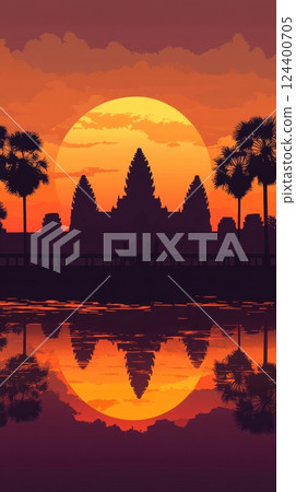 Cambodian silhouette background featuring Angkor Wat and palm trees with a warm gradient sky 124400705