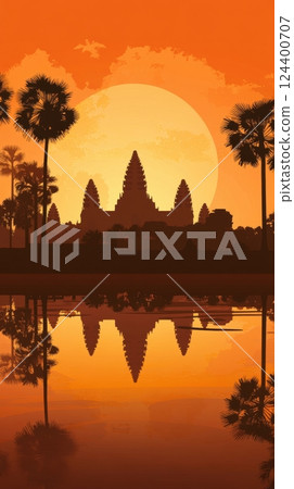 Cambodian silhouette background featuring Angkor Wat and palm trees with a warm gradient sky 124400707