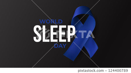 Blue awareness ribbon with World Sleep Day title on black background. Calm symbol of sleep health, rest disorders, daily wellness. Realistic glossy 3D style vector illustration Blue awareness ribbon with World Sleep Day title on black background. Calm symbol of sleep health, rest disorders, daily wellness. Realistic glossy 3D style vector illustration 124400789