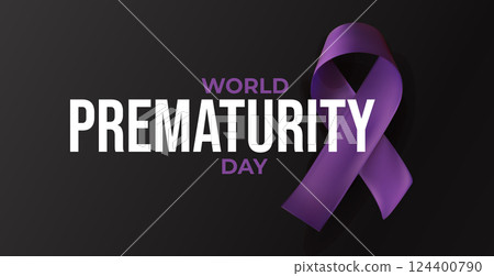 Purple ribbon beside World Prematurity Day message on black background. Emotional symbol of support for premature babies, neonatal care, early birth awareness. Glossy 3D vector illustration 124400790
