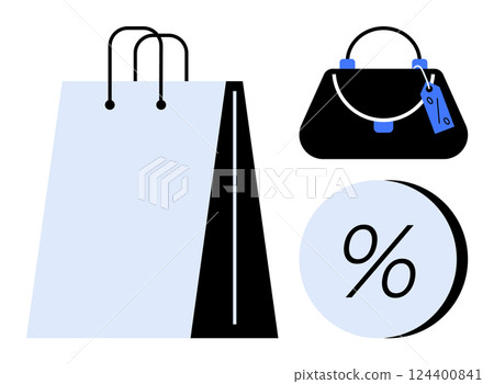 Shopping bag, handbag with price tag, and percentage sign symbolizing retail sales, discounts, and shopping themes. Ideal for retail promotions, ecommerce sites, sale announcements, discount coupons 124400841