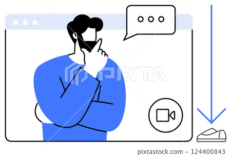 Businessman contemplating during video call, speech bubble with dots, video icon, online window, blue arrow, cloud. Ideal for communication, remote work, technology, brainstorming, business, online 124400843