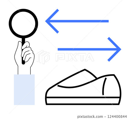 Hand holding magnifying glass, shoe icon, bidirectional arrows. Ideal for search, direction, navigation, investigation orientation, decision-making discovery. Line metaphor Hand holding magnifying glass, shoe icon, bidirectional arrows. Ideal for search, direction, navigation, investigation orientation, decision-making discovery. Line metaphor 124400844